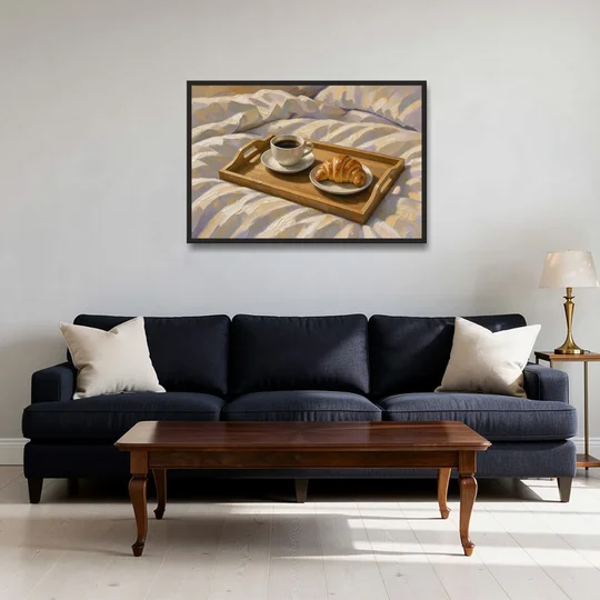 Coffee and Croissant Painting on a Breakfast Tray - Black Framed Canvas Wall Art - Sofa - 36x24