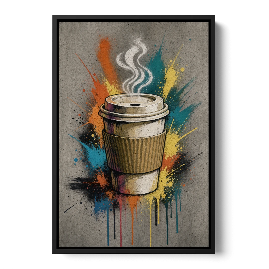 Coffee Art Prints Takeaway Cup in Spray Paint - Black Framed Canvas Wall Art - Front