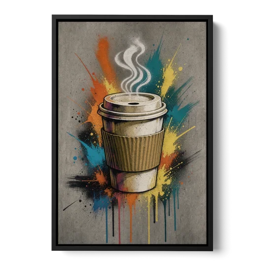 Coffee Art Prints Takeaway Cup in Spray Paint - Black Framed Canvas Wall Art - Front