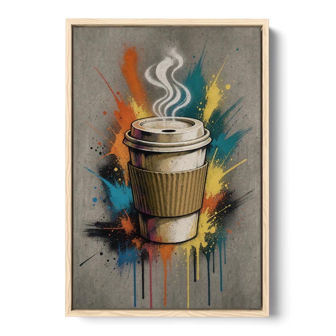Coffee Art Prints Takeaway Cup in Spray Paint - Oak Framed Canvas Wall Art - Front