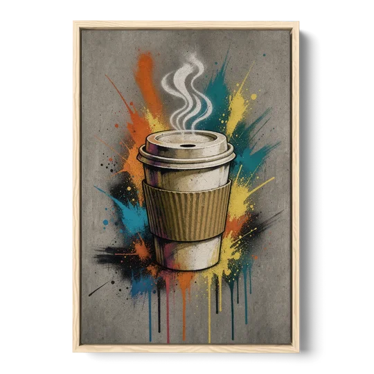 Coffee Art Prints Takeaway Cup in Spray Paint - Oak Framed Canvas Wall Art - Front