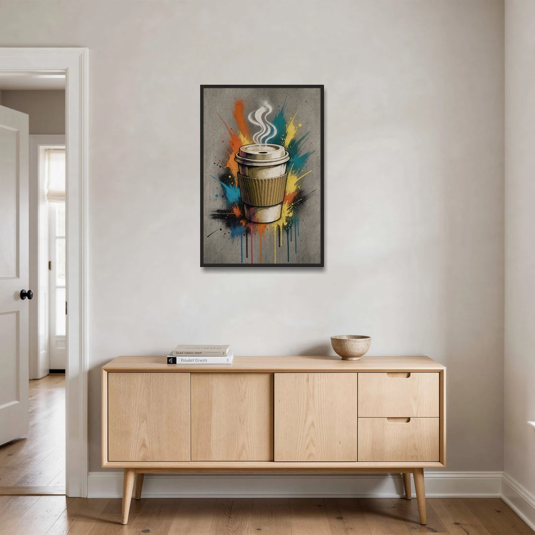 Coffee Art Prints Takeaway Cup in Spray Paint - Black Framed Canvas Wall Art - Coffee Table - 24x36