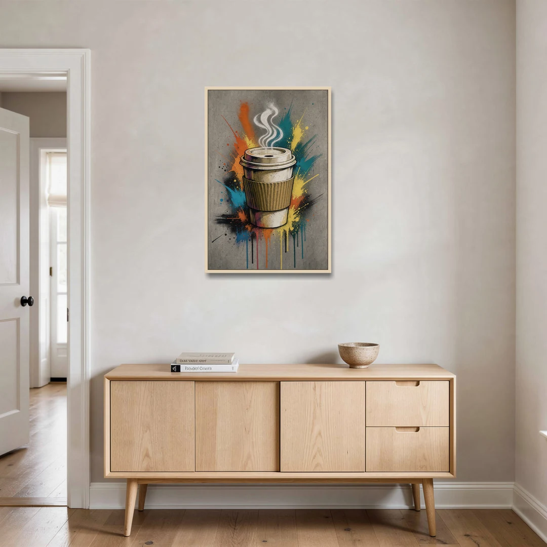 Coffee Art Prints Takeaway Cup in Spray Paint - Oak Framed Canvas Wall Art - Coffee Table - 24x36