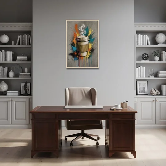 Coffee Art Prints Takeaway Cup in Spray Paint - Oak Framed Canvas Wall Art - Office - 24x36
