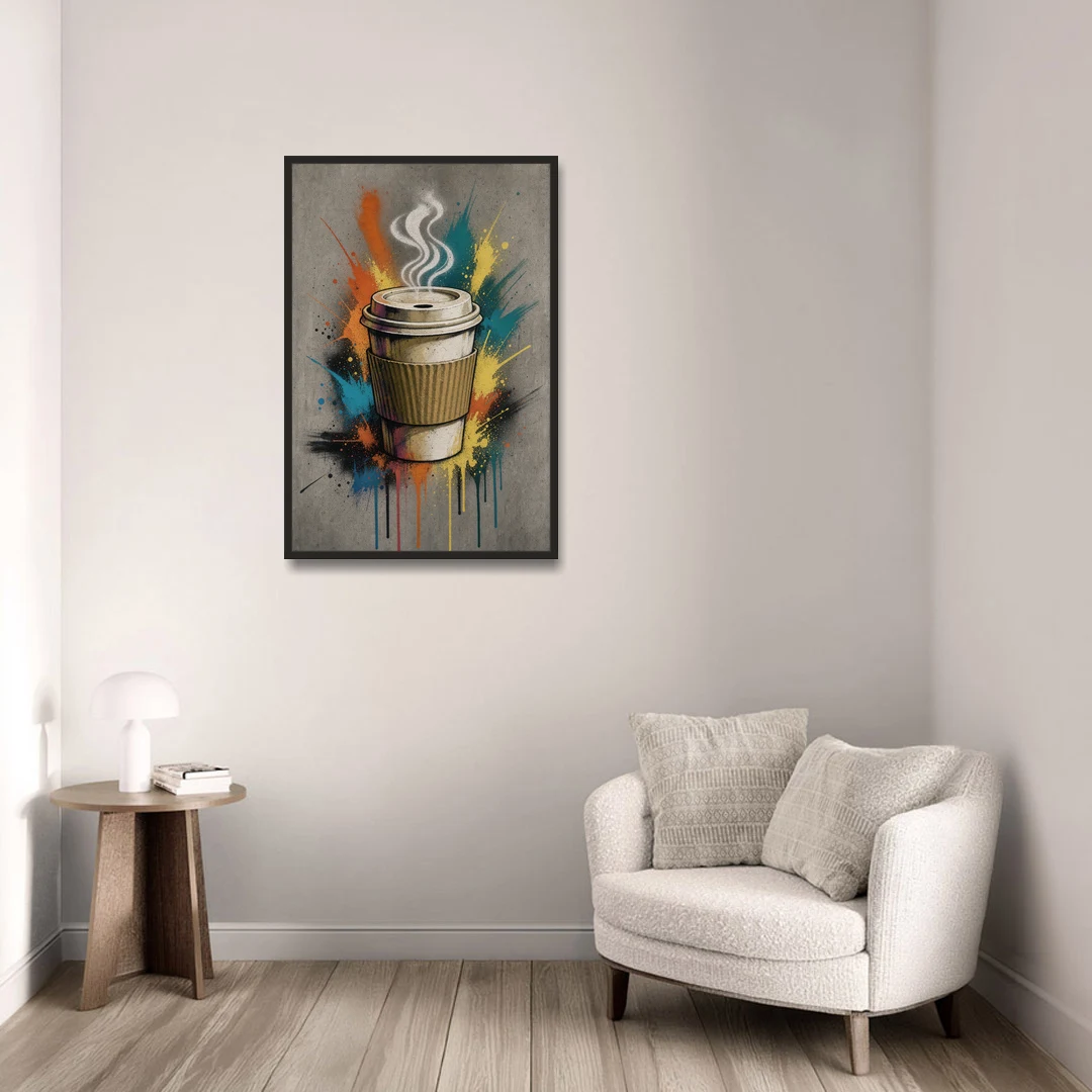 Coffee Art Prints Takeaway Cup in Spray Paint - Black Framed Canvas Wall Art - Sofa - 24x36