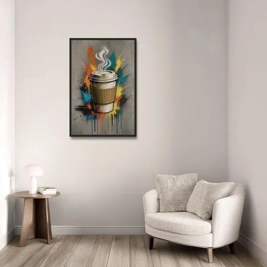 Coffee Art Prints Takeaway Cup in Spray Paint - Black Framed Canvas Wall Art - Sofa - 24x36