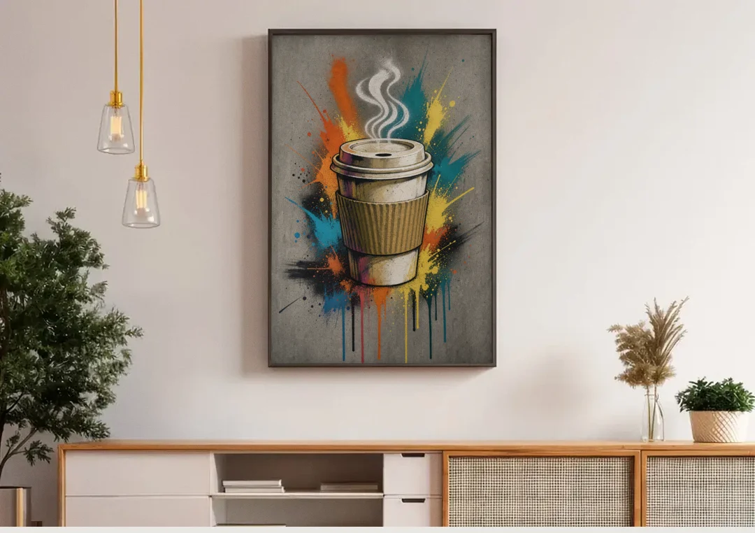 Coffee Art Prints Takeaway Cup in Spray Paint canvas wall art above a wooden sideboard under pendant lights