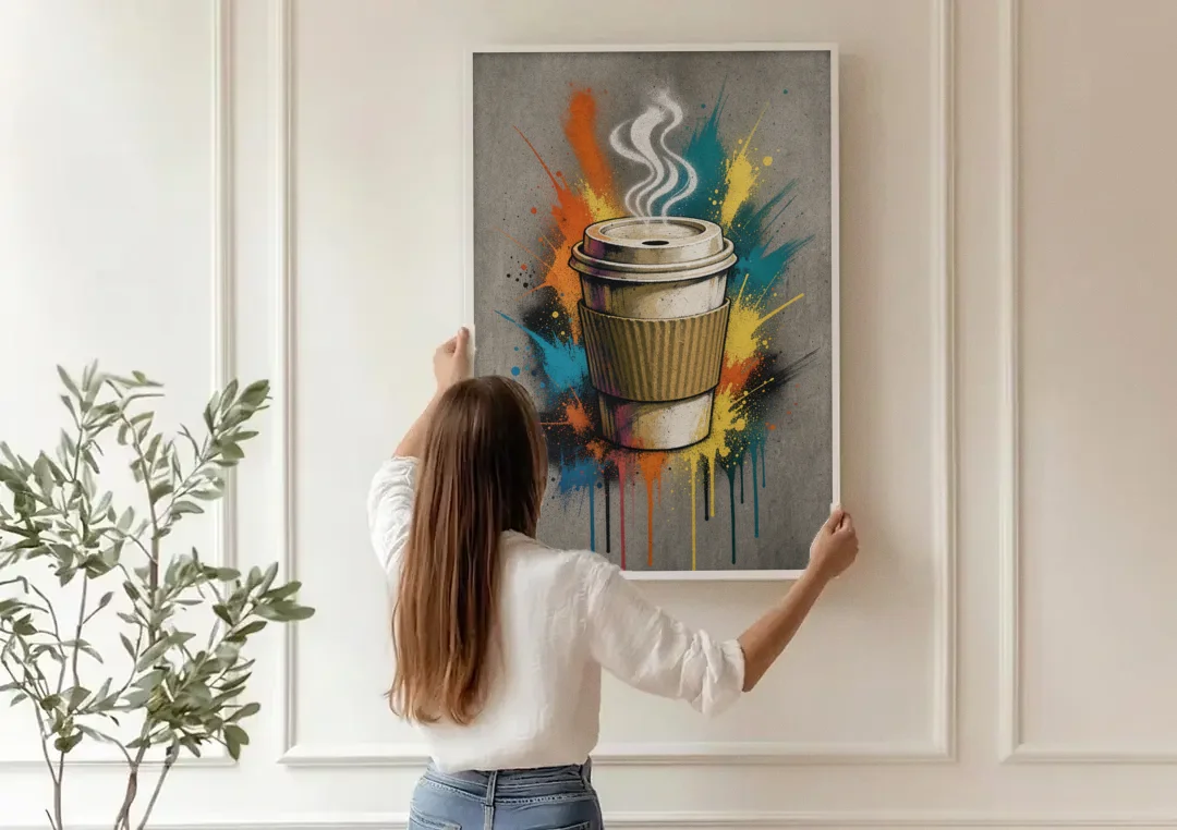 Coffee Art Prints Takeaway Cup in Spray Paint canvas wall art being hung on a paneled wall