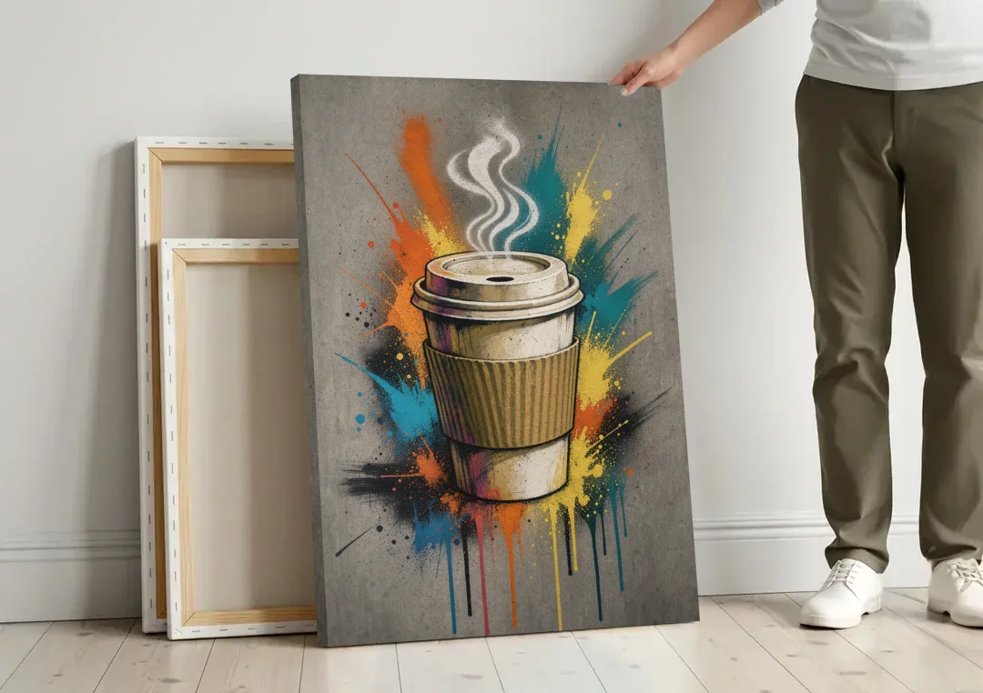 Coffee Art Prints Takeaway Cup in Spray Paint canvas wall art leaning against a wall next to blank canvases