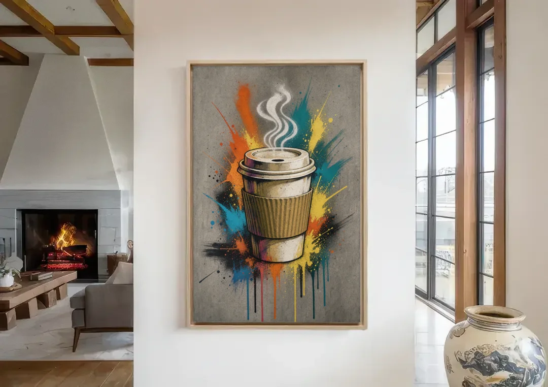 Coffee Art Prints Takeaway Cup in Spray Paint canvas wall art in a living room with a fireplace