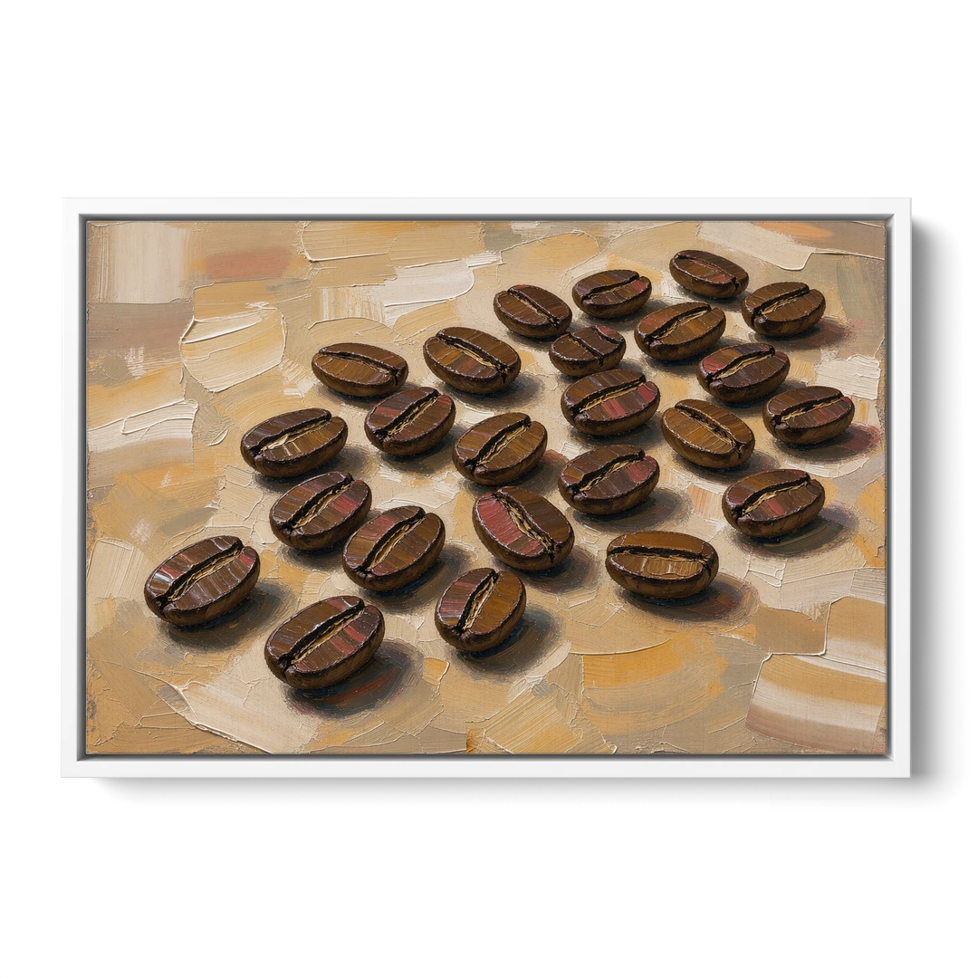 Coffee Bean Painting Scattered on Amber - White Framed Canvas Wall Art - Front