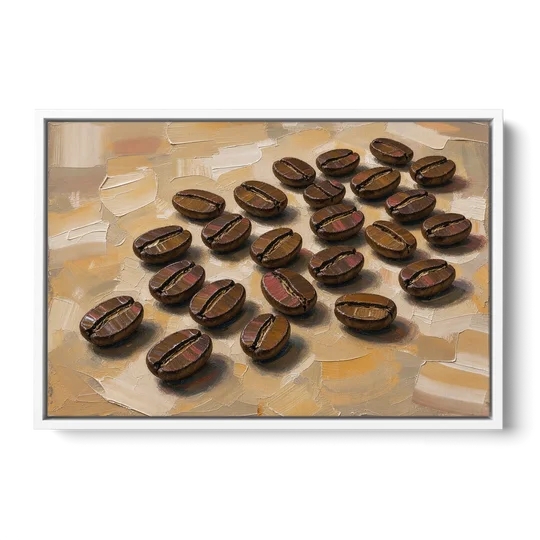 Coffee Bean Painting Scattered on Amber - White Framed Canvas Wall Art - Front