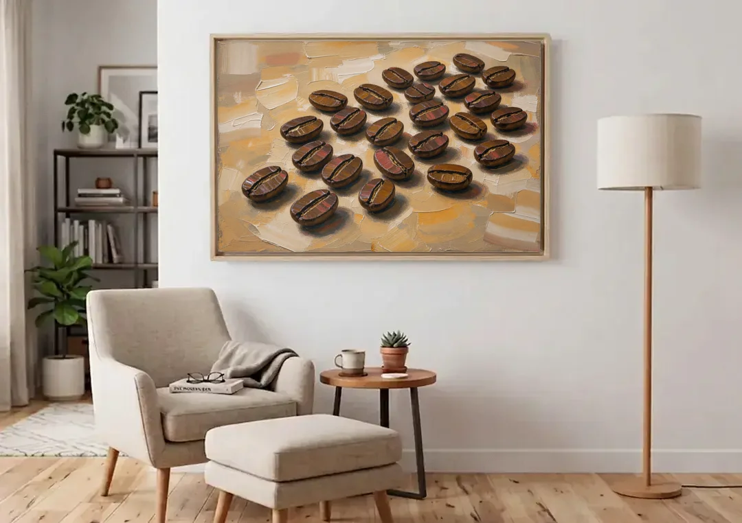 Coffee Bean Painting Scattered on Amber canvas wall art above an armchair in a bright living room