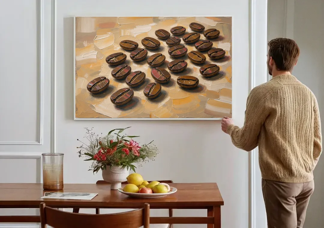 Coffee Bean Painting Scattered on Amber canvas wall art above a dining table