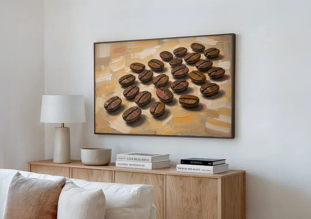 Coffee Bean Painting Scattered on Amber canvas wall art above a wooden sideboard next to a sofa