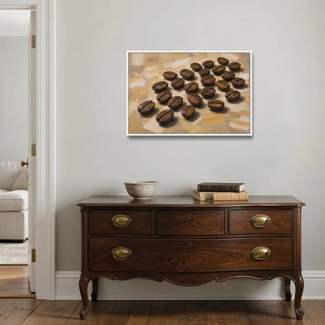 Coffee Bean Painting Scattered on Amber - White Framed Canvas Wall Art - Coffee Table - 36x24