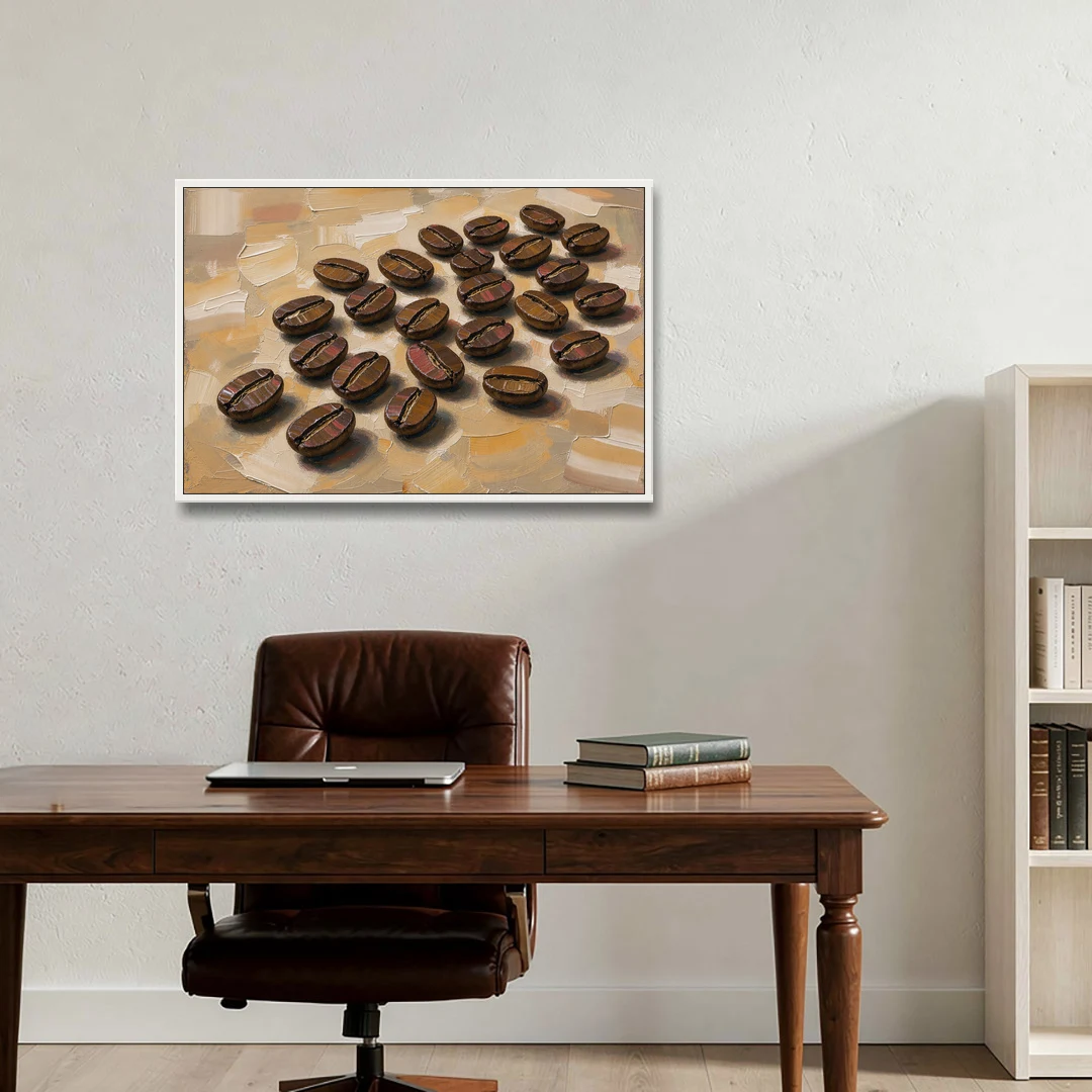 Coffee Bean Painting Scattered on Amber - White Framed Canvas Wall Art - Office - 36x24