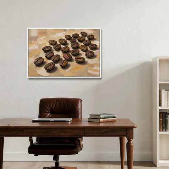 Coffee Bean Painting Scattered on Amber - White Framed Canvas Wall Art - Office - 36x24