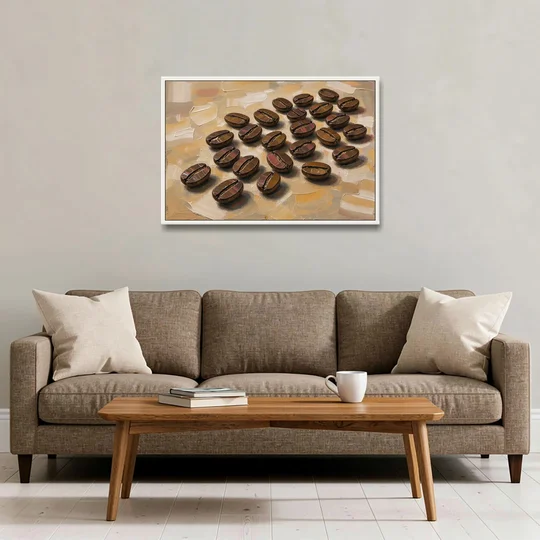 Coffee Bean Painting Scattered on Amber - White Framed Canvas Wall Art - Sofa - 36x24