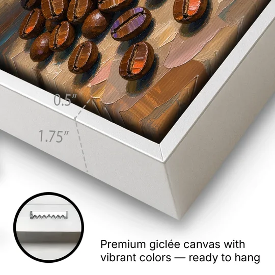 Coffee Beans Spilling From a Wooden Scoop for the Kitchen - White Framed Canvas Wall Art - Gallery Wrap Corner