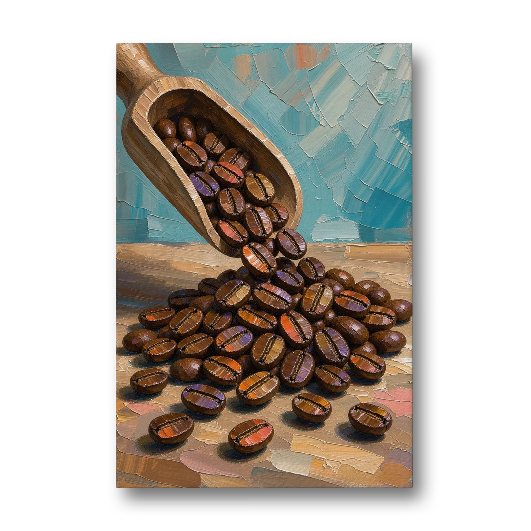 Coffee Beans Spilling From a Wooden Scoop for the Kitchen - Canvas Wall Art - Front