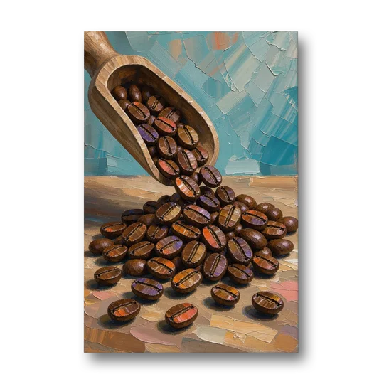 Coffee Beans Spilling From a Wooden Scoop for the Kitchen - Canvas Wall Art - Front