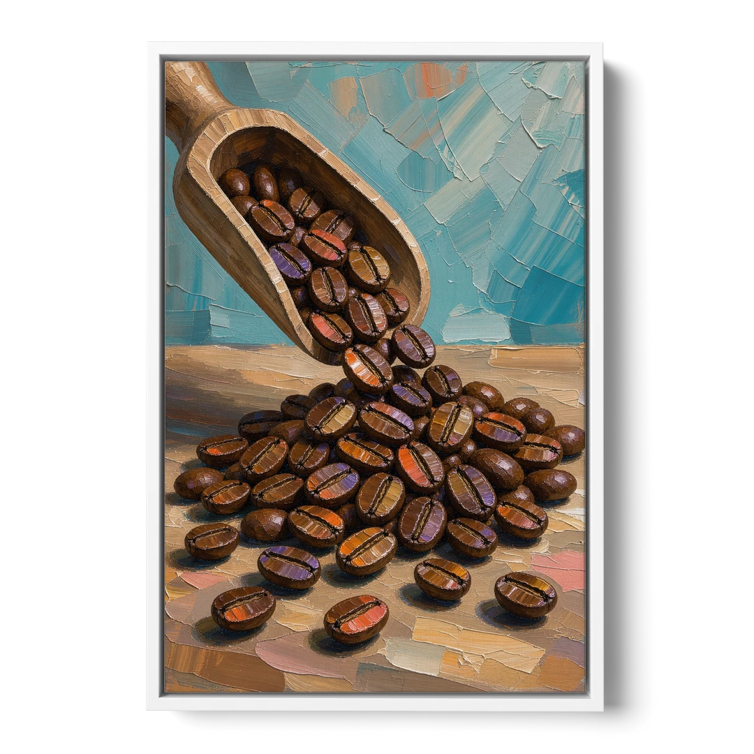 Coffee Beans Spilling From a Wooden Scoop for the Kitchen - White Framed Canvas Wall Art - Front