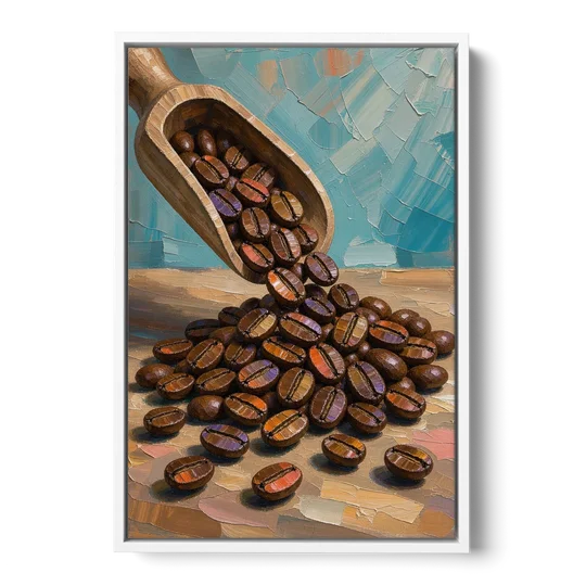 Coffee Beans Spilling From a Wooden Scoop for the Kitchen - White Framed Canvas Wall Art - Front