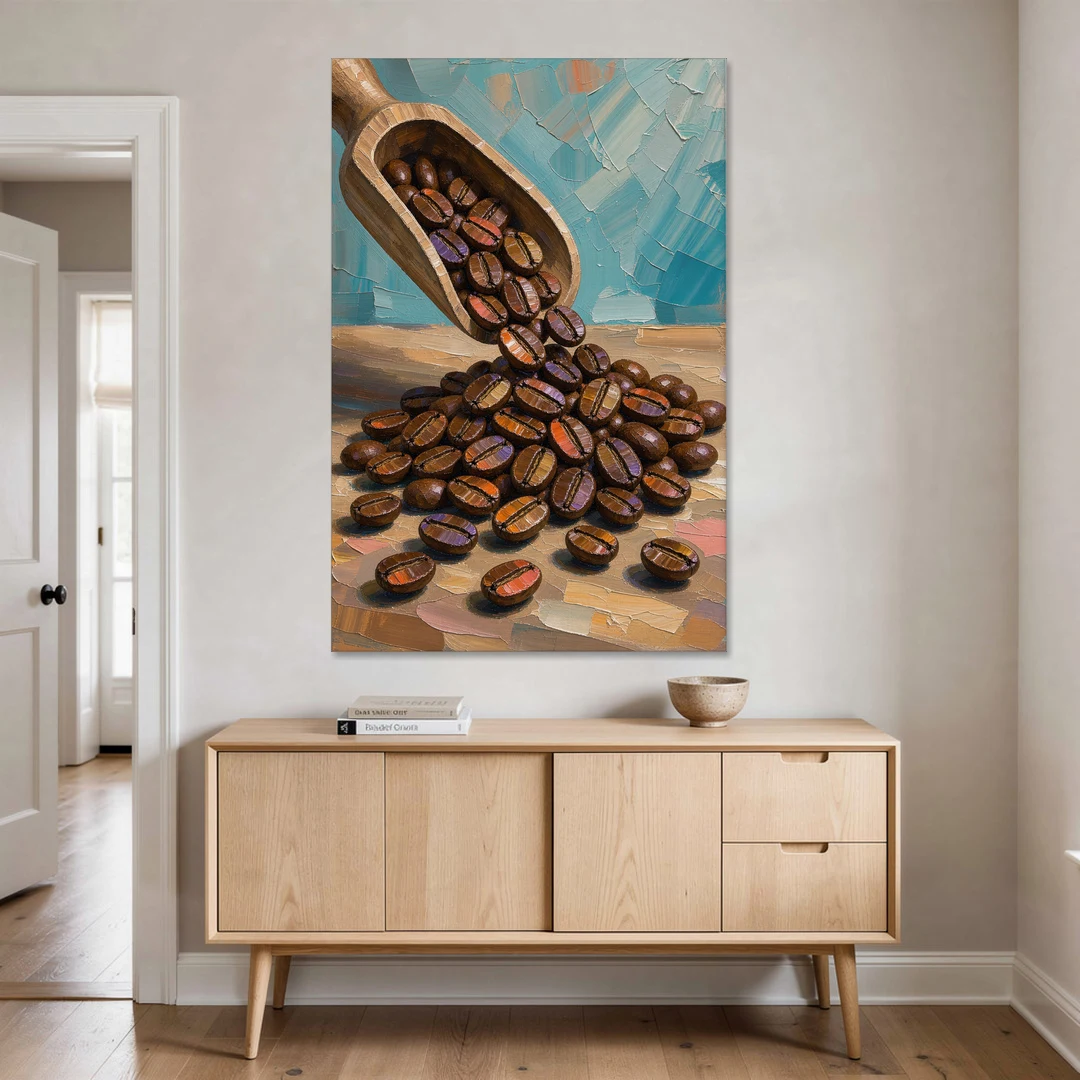Coffee Beans Spilling From a Wooden Scoop for the Kitchen - Canvas Wall Art - Coffee Table - 40x60
