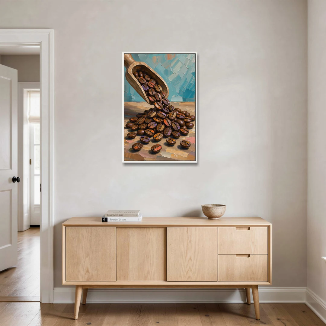 Coffee Beans Spilling From a Wooden Scoop for the Kitchen - White Framed Canvas Wall Art - Coffee Table - 24x36