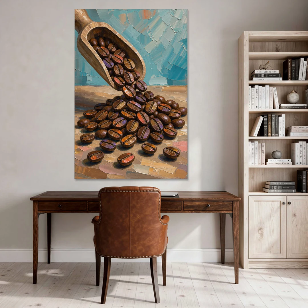 Coffee Beans Spilling From a Wooden Scoop for the Kitchen - Canvas Wall Art - Office - 40x60