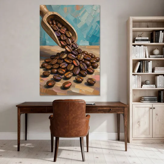 Coffee Beans Spilling From a Wooden Scoop for the Kitchen - Canvas Wall Art - Office - 40x60