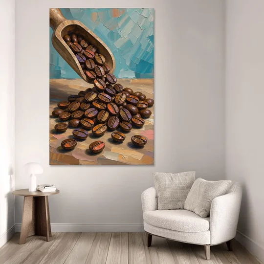 Coffee Beans Spilling From a Wooden Scoop for the Kitchen - Canvas Wall Art - Sofa - 40x60
