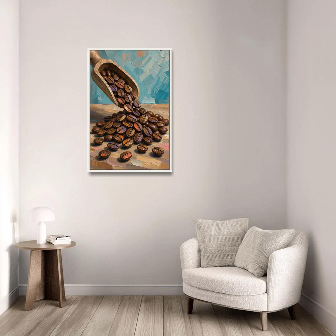Coffee Beans Spilling From a Wooden Scoop for the Kitchen - White Framed Canvas Wall Art - Sofa - 24x36