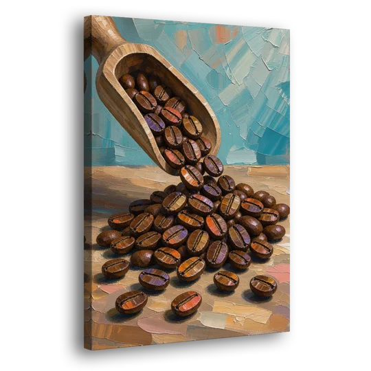 Coffee Beans Spilling From a Wooden Scoop for the Kitchen - Canvas Wall Art - Side