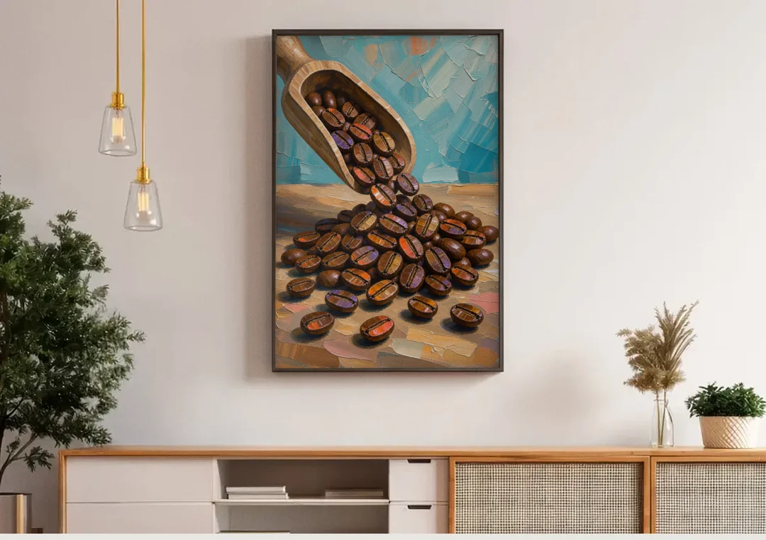 Coffee Beans Spilling From a Wooden Scoop for the Kitchen canvas wall art above a wooden sideboard under pendant lights
