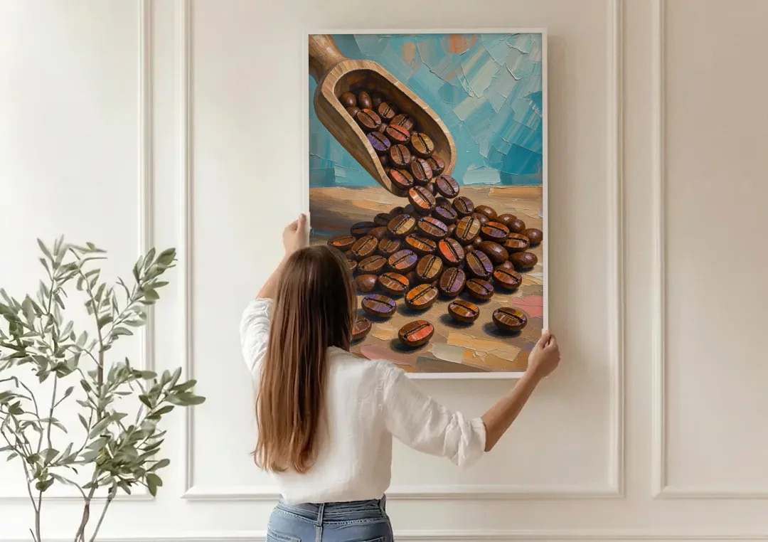 Coffee Beans Spilling From a Wooden Scoop for the Kitchen canvas wall art being hung on a paneled wall