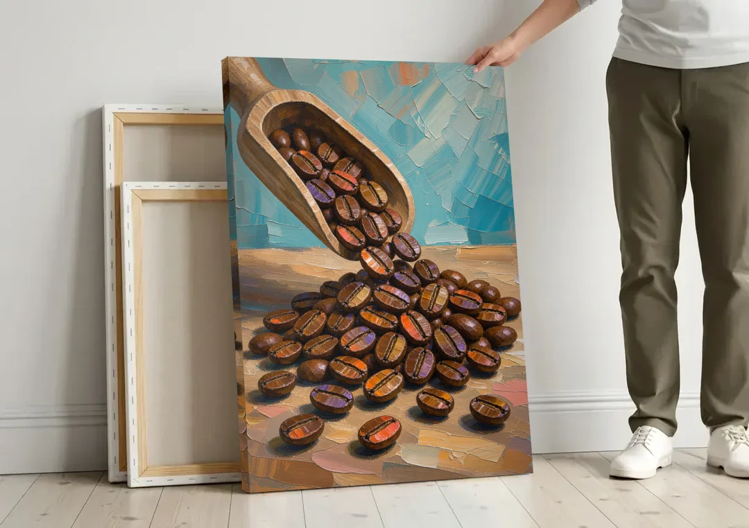 Coffee Beans Spilling From a Wooden Scoop for the Kitchen canvas wall art leaning against a wall next to blank canvases