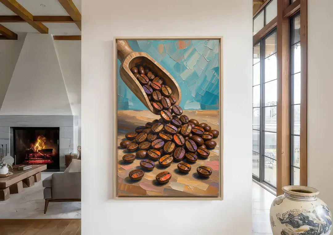 Coffee Beans Spilling From a Wooden Scoop for the Kitchen canvas wall art in a living room with a fireplace
