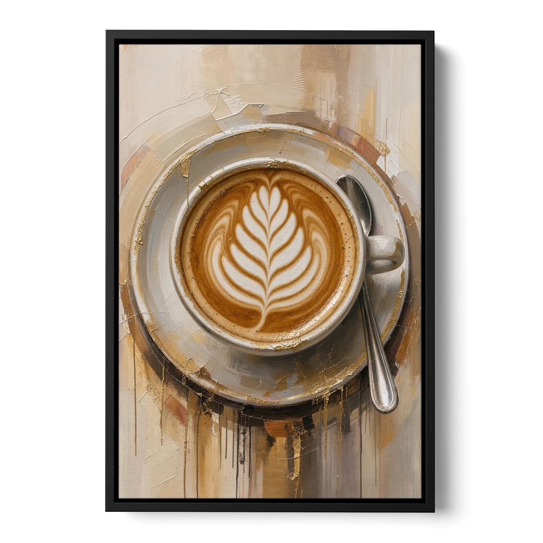 Coffee Cup Canvas Rosetta Latte in Gold - Black Framed Canvas Wall Art - Front