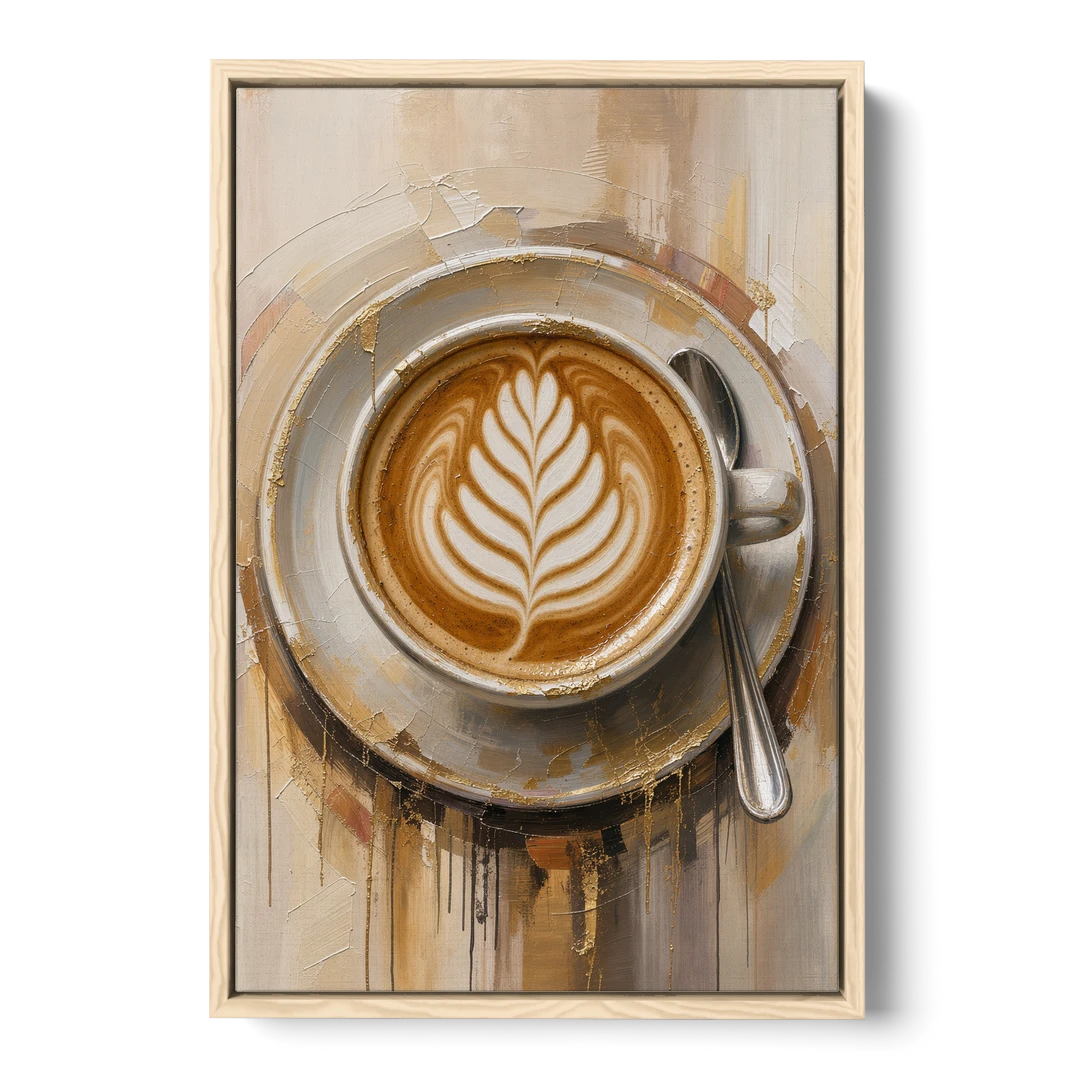Coffee Cup Canvas Rosetta Latte in Gold - Oak Framed Canvas Wall Art - Front