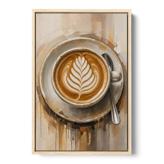 Coffee Cup Canvas Rosetta Latte in Gold - Oak Framed Canvas Wall Art - Front