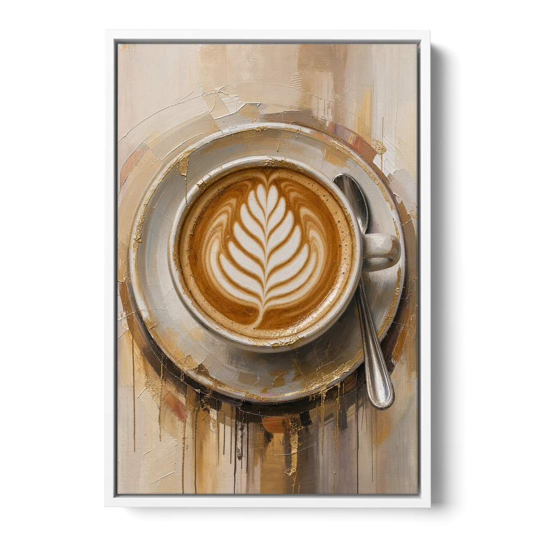 Coffee Cup Canvas Rosetta Latte in Gold - White Framed Canvas Wall Art - Front