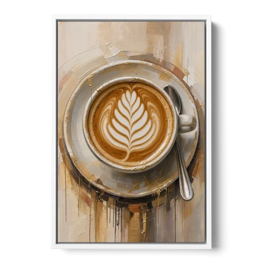 Coffee Cup Canvas Rosetta Latte in Gold - White Framed Canvas Wall Art - Front