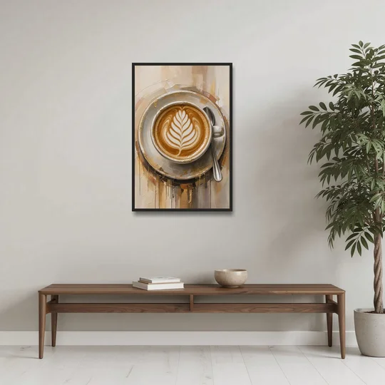 Coffee Cup Canvas Rosetta Latte in Gold - Black Framed Canvas Wall Art - Coffee Table - 24x36