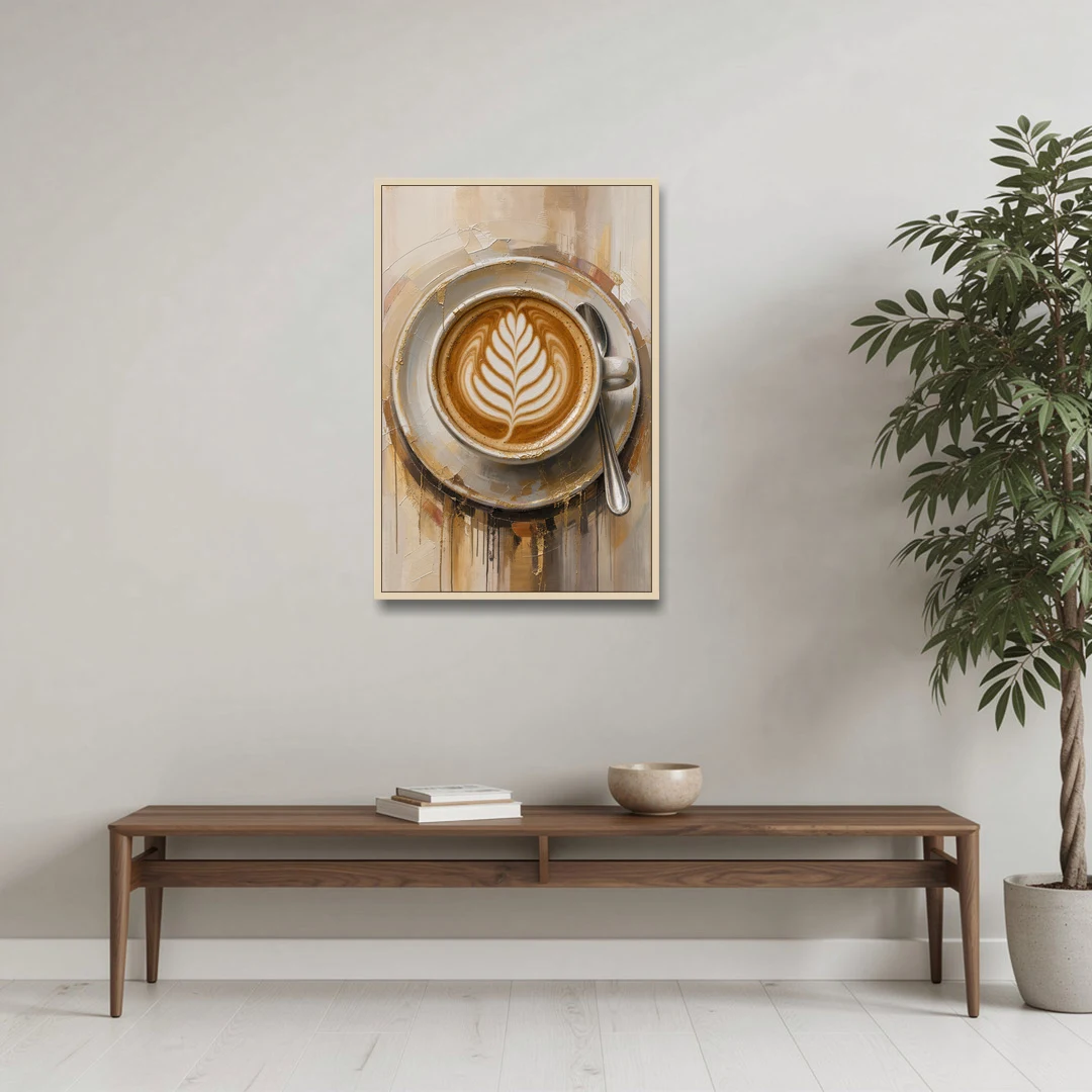 Coffee Cup Canvas Rosetta Latte in Gold - Oak Framed Canvas Wall Art - Coffee Table - 24x36
