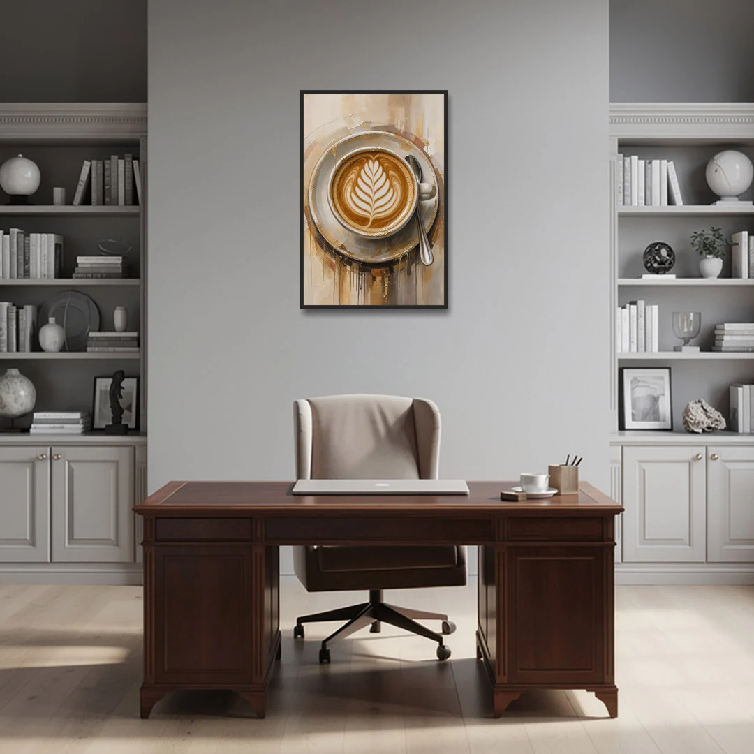 Coffee Cup Canvas Rosetta Latte in Gold - Black Framed Canvas Wall Art - Office - 24x36