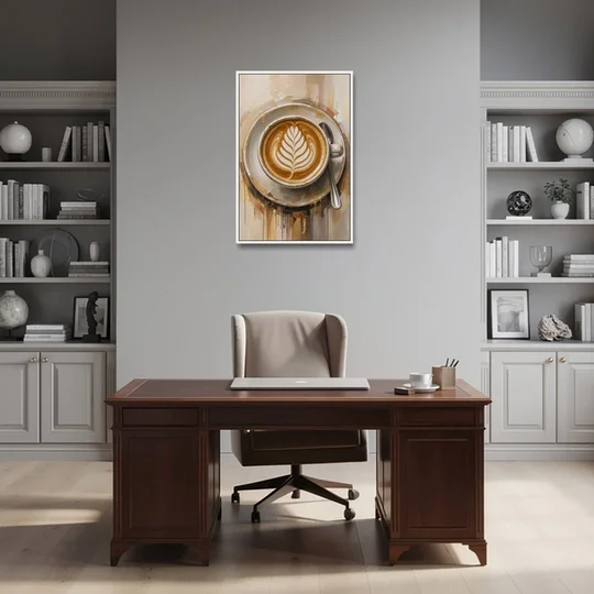 Coffee Cup Canvas Rosetta Latte in Gold - White Framed Canvas Wall Art - Office - 24x36