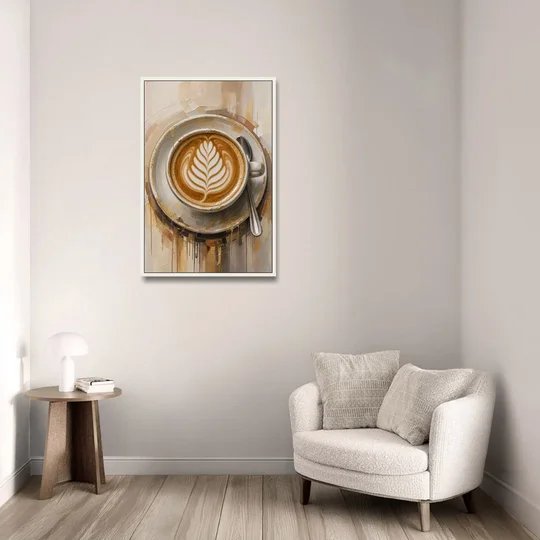 Coffee Cup Canvas Rosetta Latte in Gold - White Framed Canvas Wall Art - Sofa - 24x36