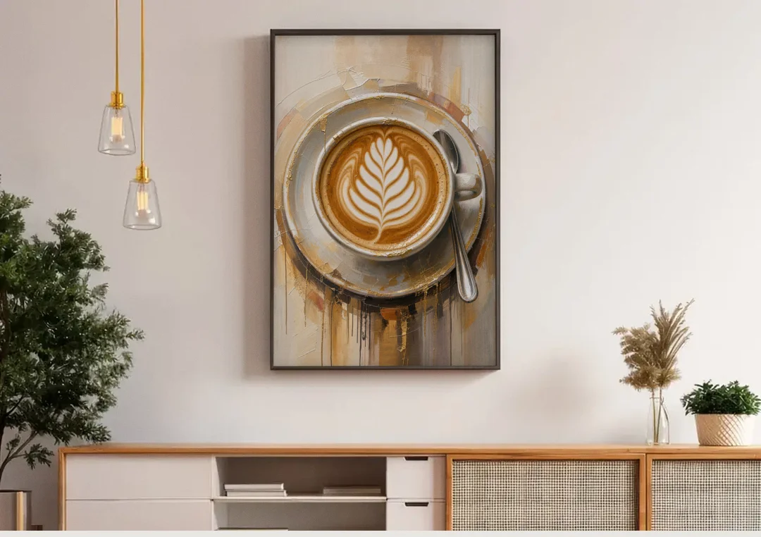 Coffee Cup Canvas Rosetta Latte in Gold canvas wall art above a wooden sideboard under pendant lights